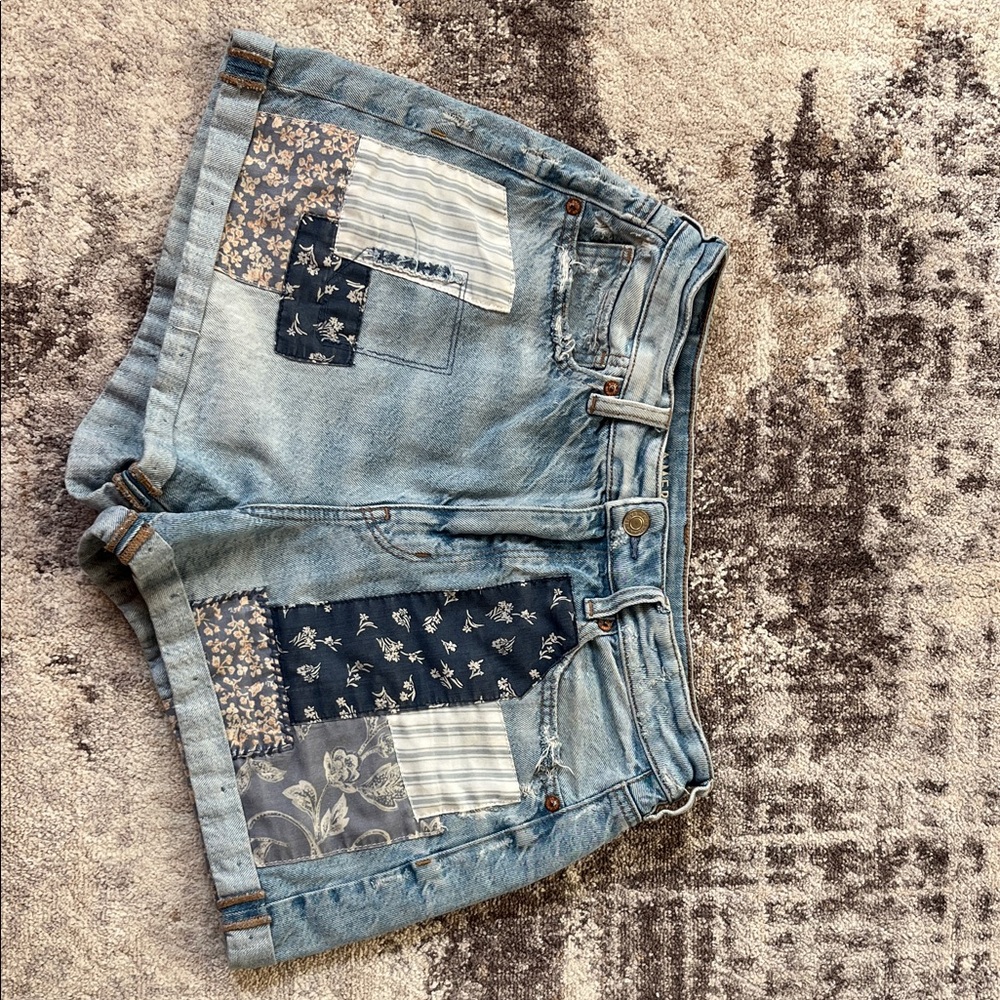 American Eagle Light Blue Patchwork Jean Shorts